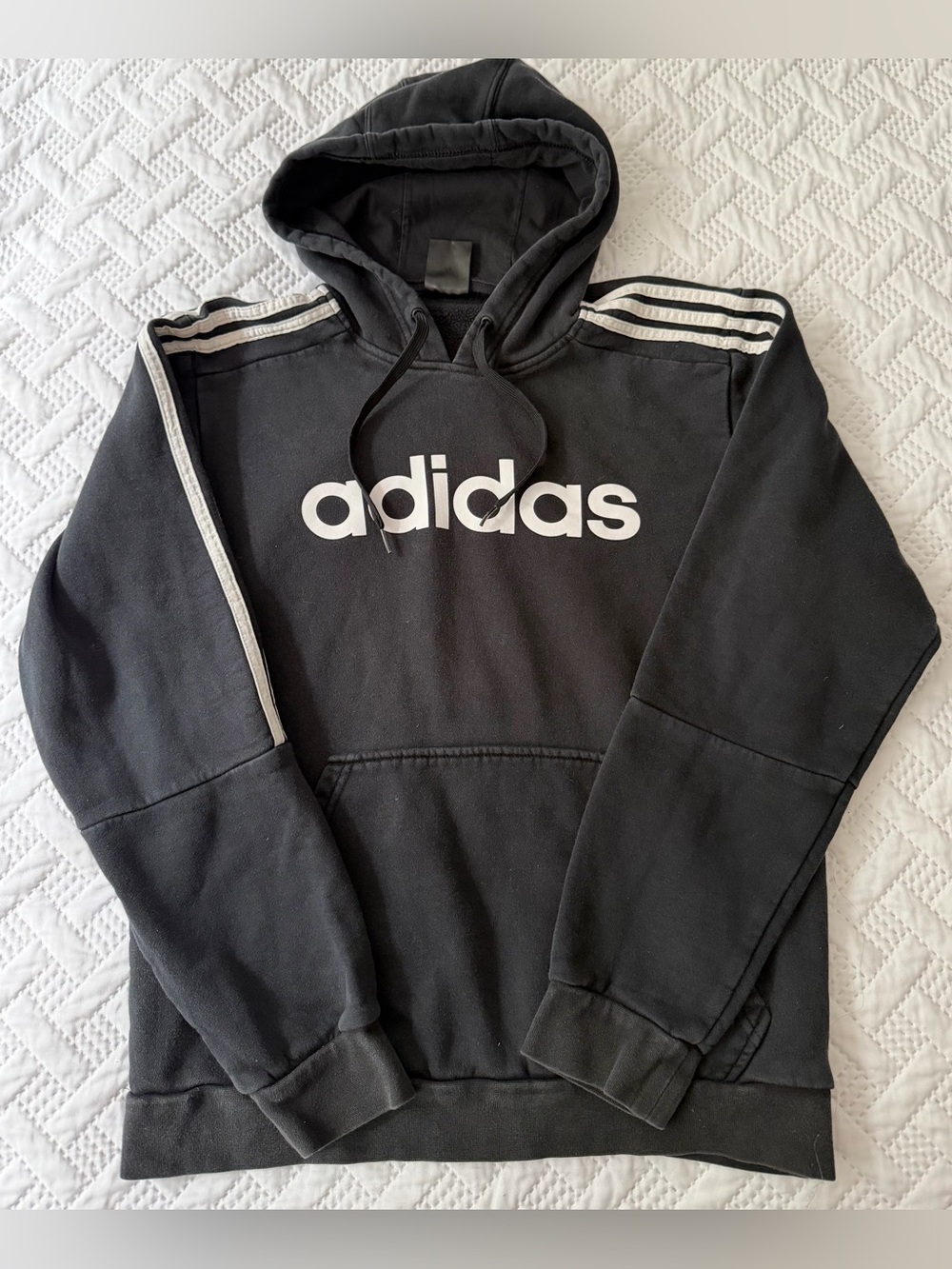 Adidas Black Pullover Sweatshirt Hoodie Adult Medium White Logo Shoulder Stripes